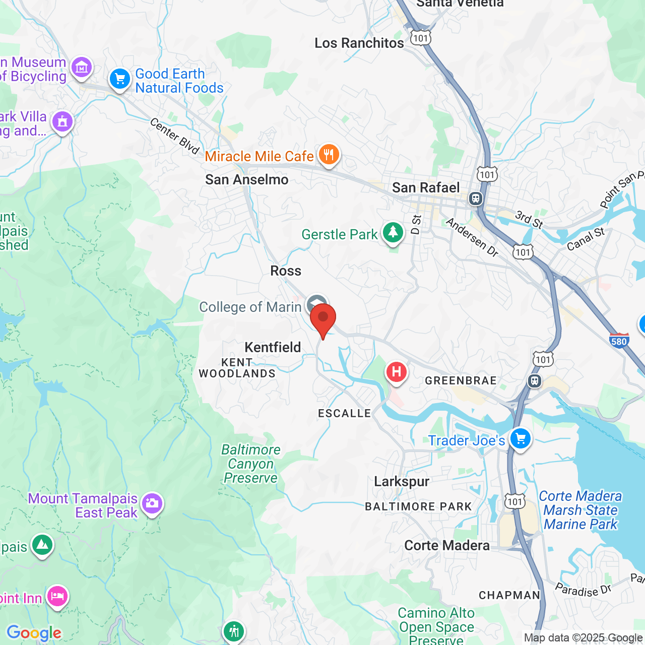 Google map image of our location in 810 College Ave Kentfield, CA